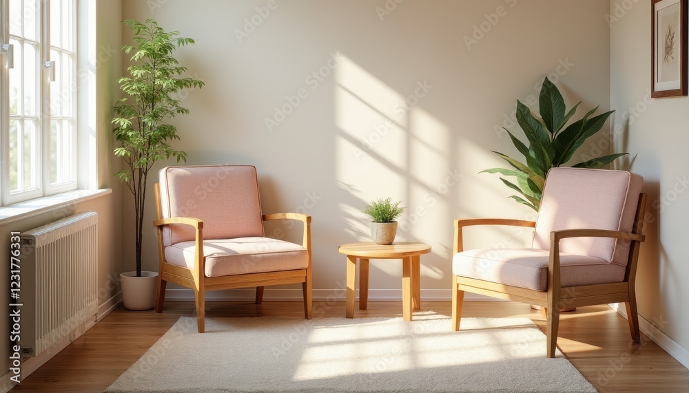 Fototapeta premium Sunlit Living Room with Two Pink Armchairs Wooden Table and Plants