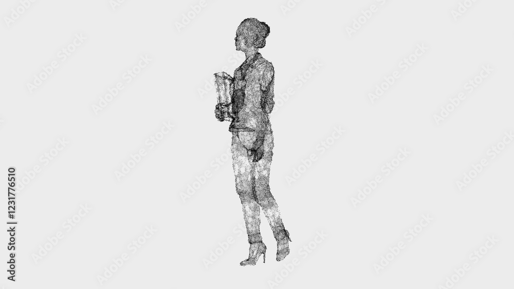 A digital point cloud rendering of a stylish woman in business attire, holding documents and walking gracefully. The black particles form an abstract, futuristic silhouette on a white background A digital point cloud rendering of a stylish woman in business attire, holding documents and walking gracefully. The black particles form an abstract, futuristic silhouette on a white background