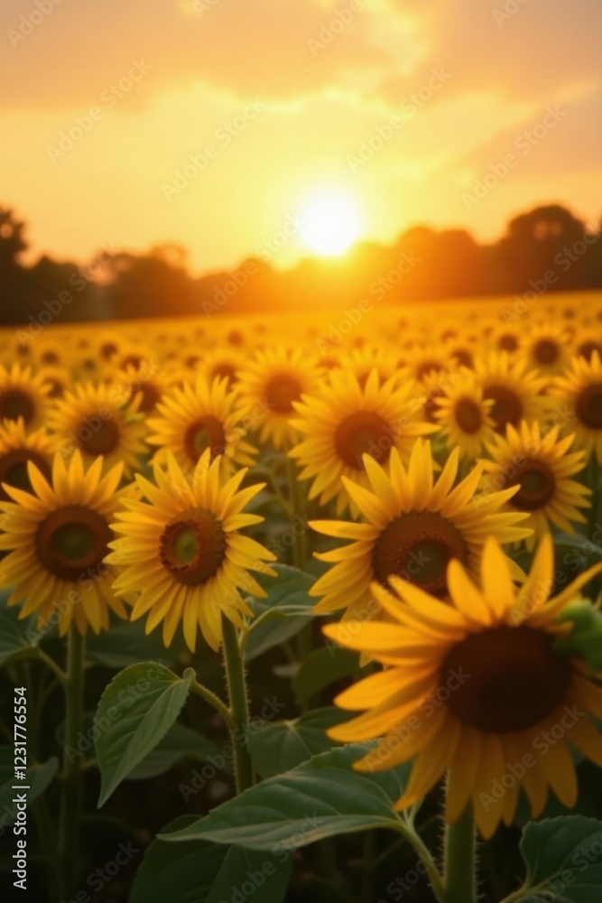Fototapeta premium Golden hour sunlight illuminates a sunflower field, creating a radiant backdrop , rural, scenic, background