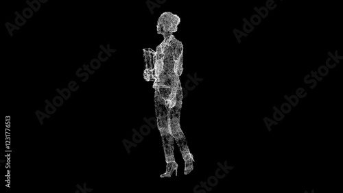 A digital point cloud rendering of a stylish woman in business attire, holding documents and walking gracefully. The white particles form an abstract, futuristic silhouette on a black background