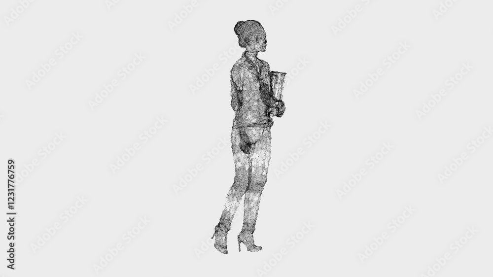 A digital point cloud rendering of a stylish woman in business attire, holding documents and walking gracefully. The black particles form an abstract, futuristic silhouette on a white background A digital point cloud rendering of a stylish woman in business attire, holding documents and walking gracefully. The black particles form an abstract, futuristic silhouette on a white background