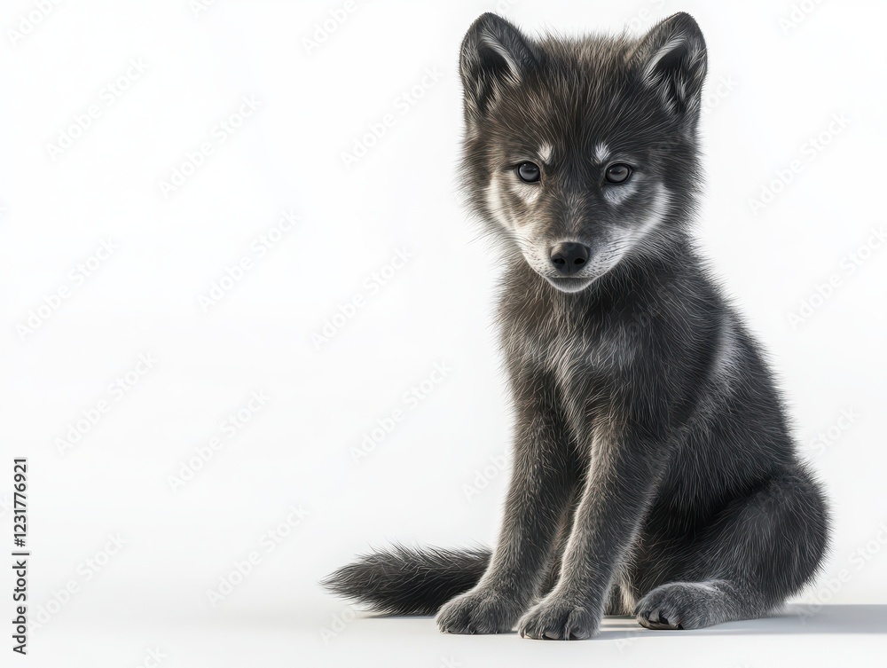 Playful wolf pup sitting gracefully in a bright studio captivating portrait of wild beauty