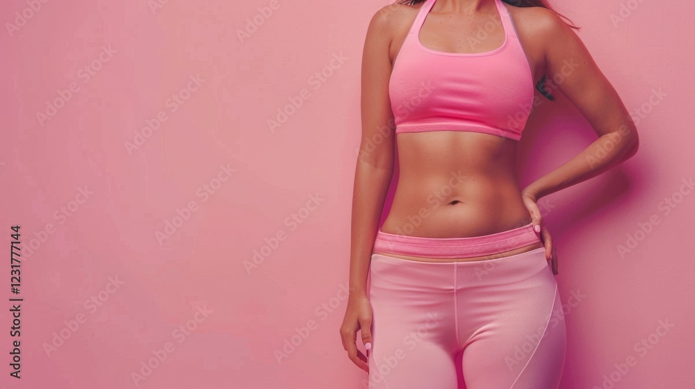 Obraz premium A woman in pink workout clothes poses in front of a pink wall. Concept of confidence and empowerment, as the woman is wearing a bikini top and pink workout pants