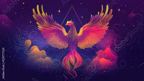Mythical phoenix rising, cosmic background, fantasy art, ideal for game design