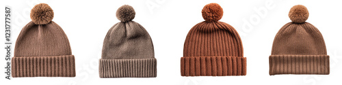 An assortment of stylish and cozy knitted winter hats in a variety of warm autumn tones including brown tan burgundy and orange  The hats feature pom poms ribbed textures