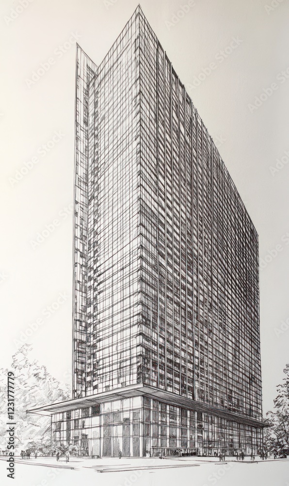Fototapeta premium Architectural Sketch of a Modern Glass Skyscraper Building