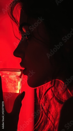 Close-up of a woman sipping a drink, red light tracing her profile, dark shadows, and black background, cinematic ambiance.
