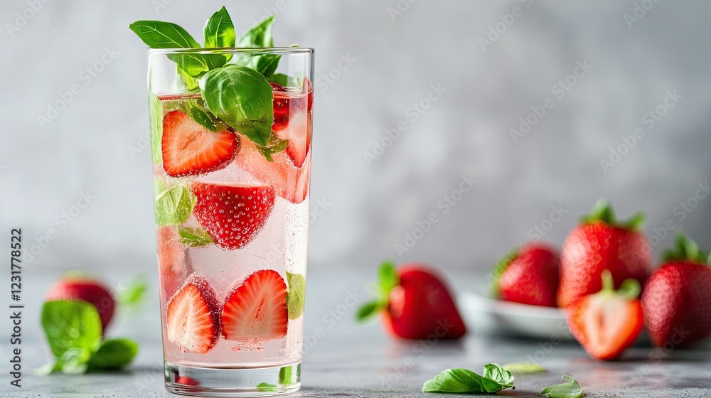 A refreshing summer fruit-infused water with strawberries and basil in a tall glass. A refreshing summer fruit-infused water with strawberries and basil in a tall glass.
