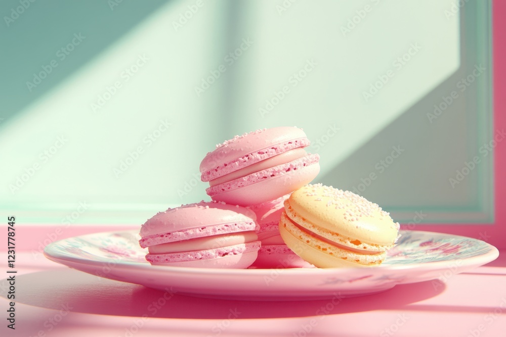 Fototapeta premium Macarons on pastel plate in sunlight