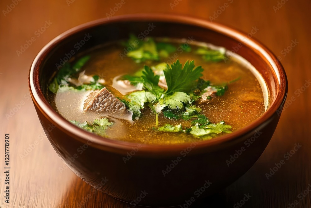 Traditional chicken soup with cilantro in rustic bowl Traditional chicken soup with cilantro in rustic bowl