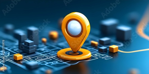 A 3D rendering of a yellow location pin on a digital map with buildings and geometric shapes in the background. Concept 3D Rendering, Yellow Location Pin, Digital Map, Urban Landscape
