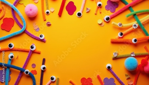 Colorful Craft Supplies Border Googly Eyes Pipe Cleaners Pom Poms on Yellow Background