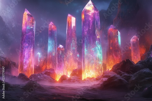 A fantasy landscape with towering crystal formations that glow olorful shadows. photo