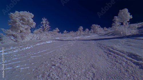Snowy mountain slope, winter trees, clear sky, background, travel postcard