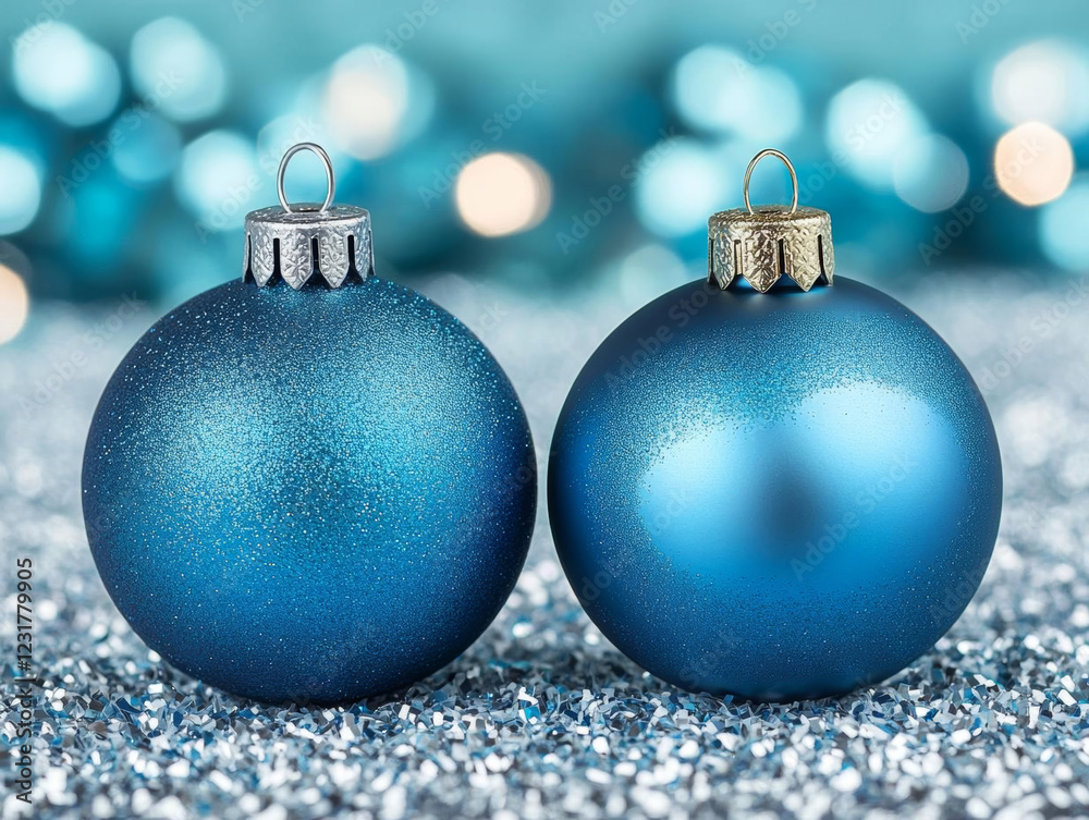 Shiny blue Christmas ornaments on sparkling background create festive mood