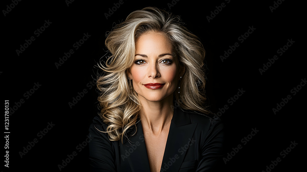 Confident woman, portrait, dark background, studio shot, professional headshot
