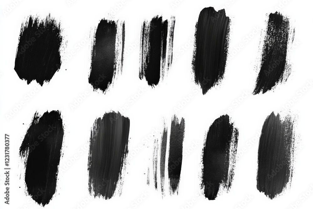 Different brush strokes in black paint on a white background showcasing various textures and techniques Different brush strokes in black paint on a white background showcasing various textures and techniques