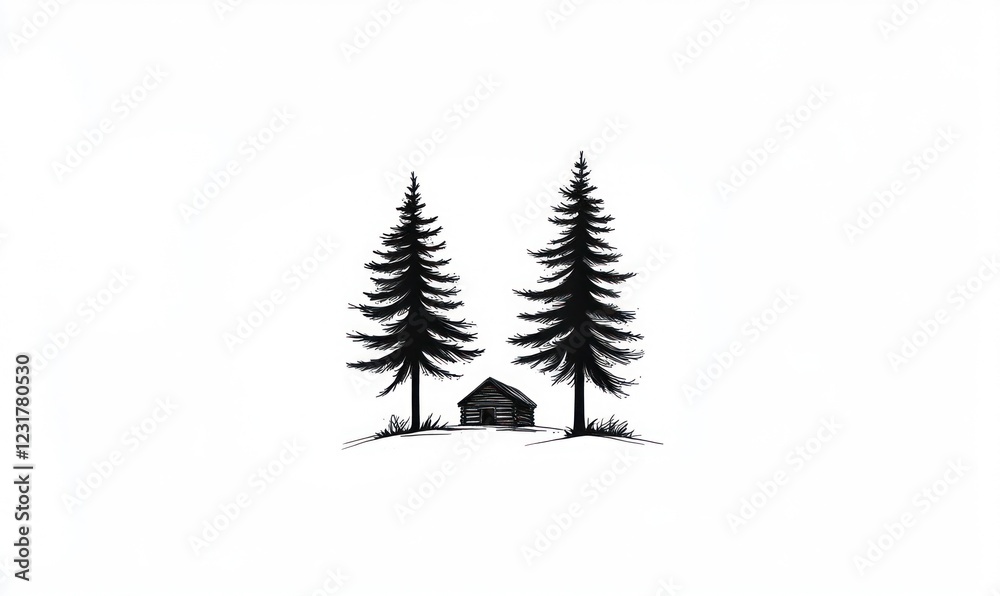 Obraz premium Simple Cabin Scene With Two Tall Pine Trees