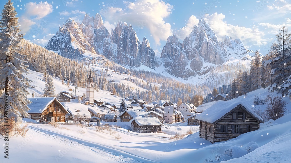 The Small Village in the Dolomites Mountains in Winter The Small Village in the Dolomites Mountains in Winter