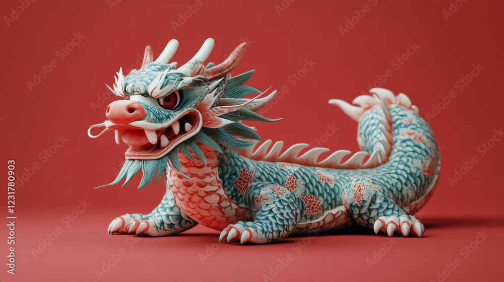 Fototapeta premium colorful dragon sculpture with intricate details on red background