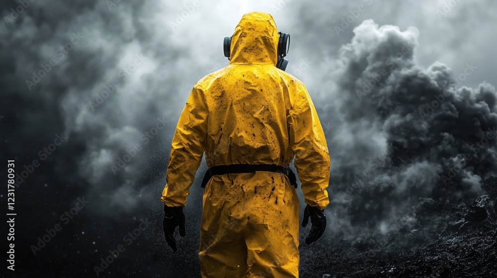 Scientist in protective gear analyzing a toxic cloud of smoke after a chemical disaster Scientist in protective gear analyzing a toxic cloud of smoke after a chemical disaster