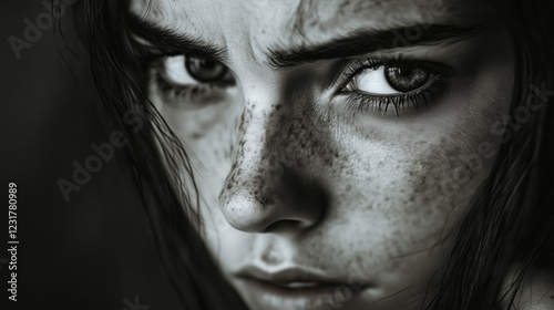 Close-up portrait of a determined young woman with freckles expressing anger