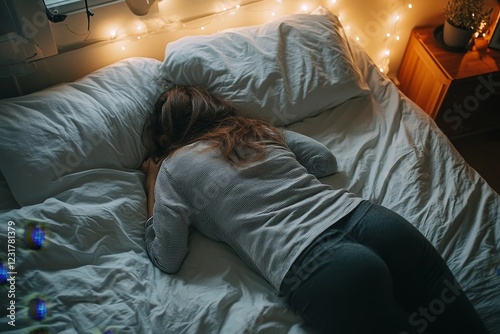 person feeling stomach pain menstruation on the bed