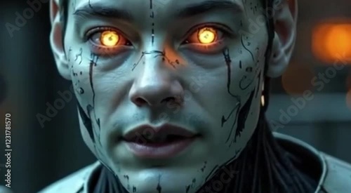Futuristic Humanoid Robot Face with Glowing LED Eyes and Intricate Skin-Like Metal Patterns