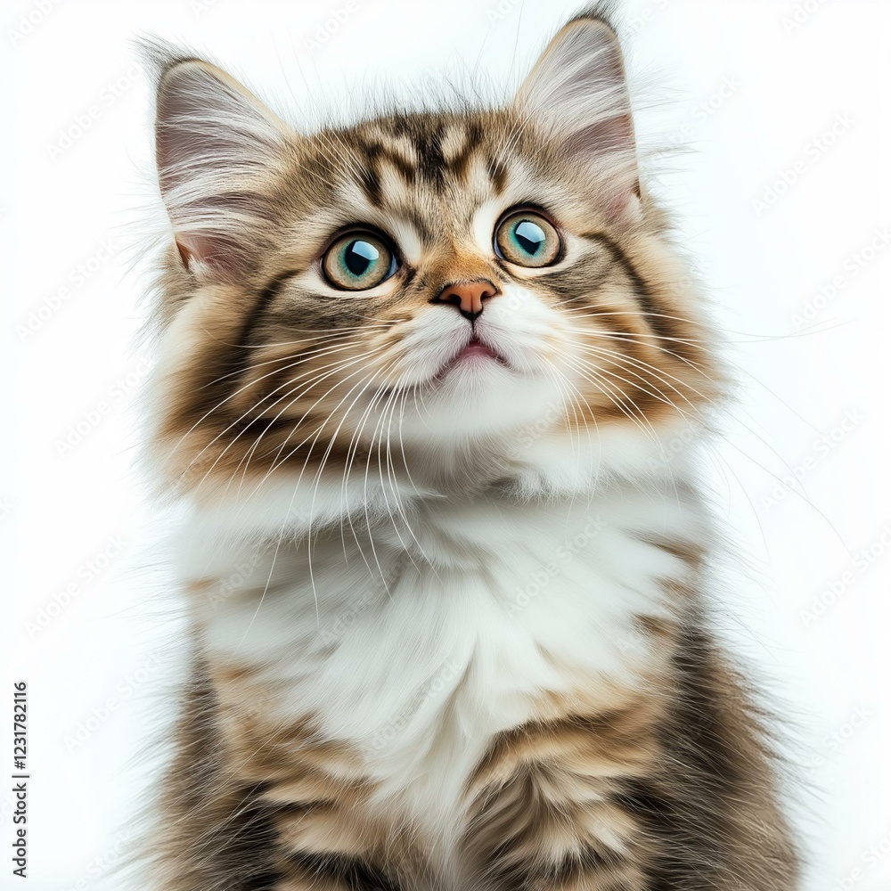 Adorable fluffy kitten with striking blue eyes looking curiously upwards on a white background. Adorable fluffy kitten with striking blue eyes looking curiously upwards on a white background.