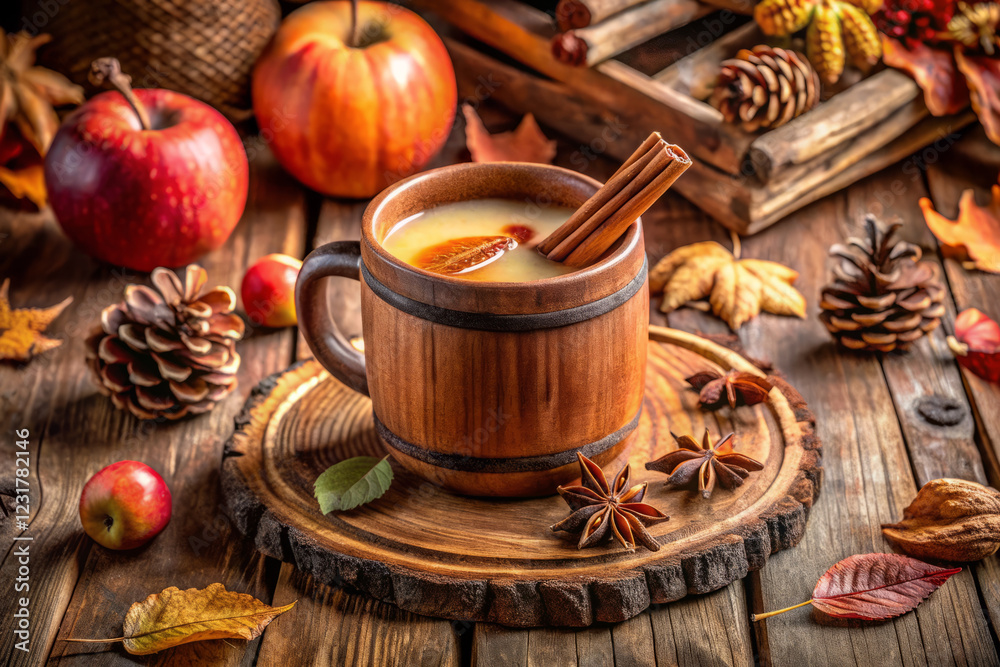 rustic wooden mug filled with spiced apple chai tea, surrounded by autumn leaves, pine cones, and fresh apples, evokes warm, cozy atmosphere perfect for fall rustic wooden mug filled with spiced apple chai tea, surrounded by autumn leaves, pine cones, and fresh apples, evokes warm, cozy atmosphere perfect for fall