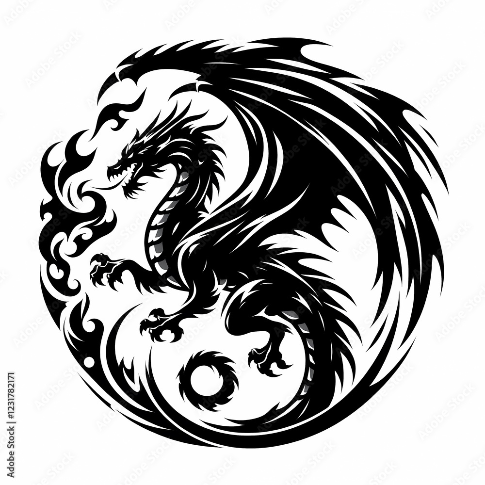 Fototapeta premium High-contrast dragon in motion, featuring detailed scales and dynamic wing structure