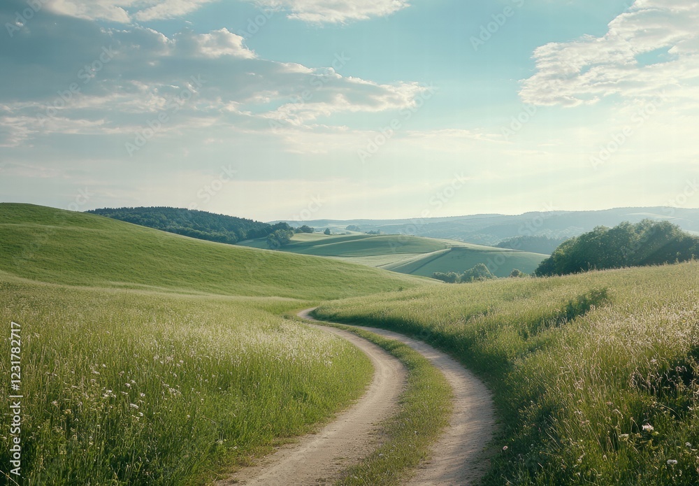 A road winds through a grassy field with a clear blue sky above A road winds through a grassy field with a clear blue sky above