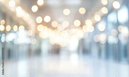 A blurry image of a hallway with a few people walking through it