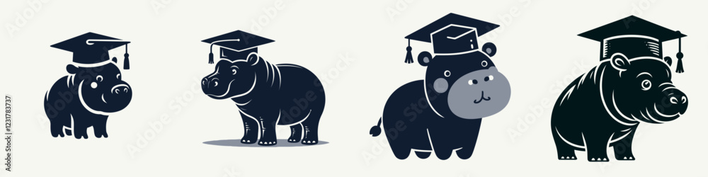 Fototapeta premium A playful illustration of hippos wearing graduation caps, symbolizing education and achievement.