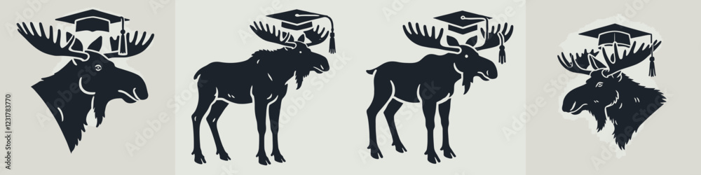 Fototapeta premium The image features a series of stylized moose illustrations, showcasing different poses and a graduation cap, symbolizing education and achievement.