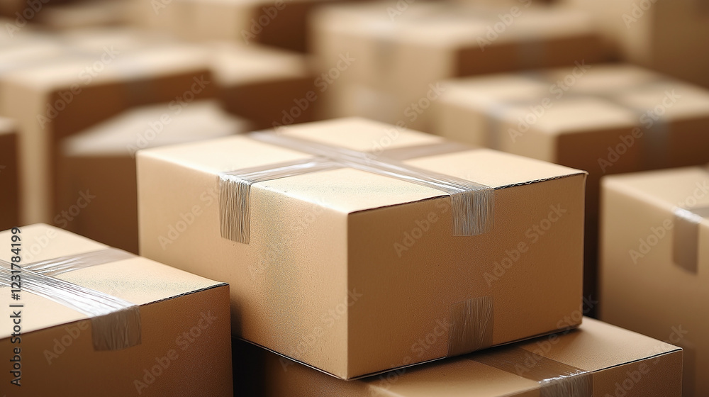 Fototapeta premium Stack of cardboard boxes ready to be shipped of a warehouse. Package storage room.