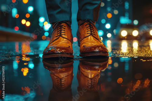 Stylish leather shoes reflect city lights on a rainy urban street at night photo