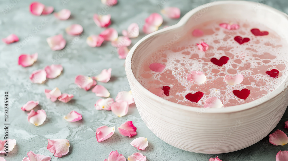Relaxing bath with rose petals and heart-shaped bath bombs. Perfect for self-care and pampering.