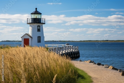 Scenic view of the edgartown harbor lighthouse overlooking the atlantic ocean on a sunny day photo