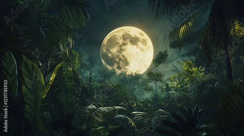 A giant moon illuminating a dense jungle, casting intricate shadows on the foliage.