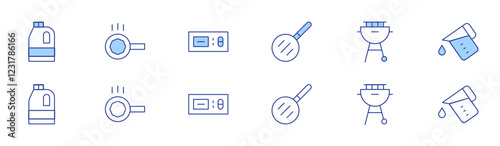 Hotel Management icon set in two styles, Duotone and Thin Line style. Editable stroke. bleach, bottom of pot, bbq, bottle of cooking oil tightly and throw out in garbage, ACHVAC thermostat