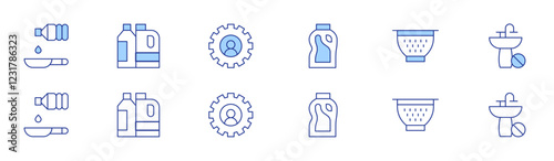 Hotel Management icon set in two styles, Duotone and Thin Line style. Editable stroke. cooking oil, bleach, abrasive detergent, bathtub strainer, work order, clog kitchen sink