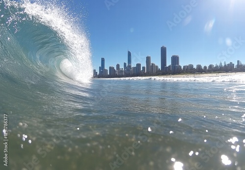 A wave is crashing into the ocean near a city