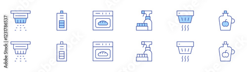 Hotel Management icon set in two styles, Duotone and Thin Line style. Editable stroke. oven, vinegar, abrasive detergent, smoke alarm, battery