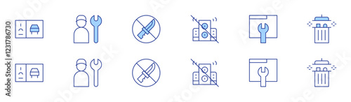 Hotel Management icon set in two styles, Duotone and Thin Line style. Editable stroke. put trash in dumpster, parking pass sticker, crime free, loud boom box, work order