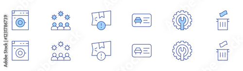 Hotel Management icon set in two styles, Duotone and Thin Line style. Editable stroke. put trash in dumpster, cardboard box broken down, parking pass sticker, washerdryer, work order.