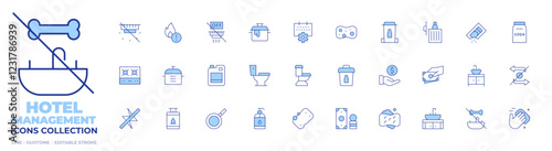 Hotel Management icons collection. Line Duotone style, editable stroke. kitchen sink, dawn soap, soft sponge, toilet, pan, fine, dispose of cooking oil