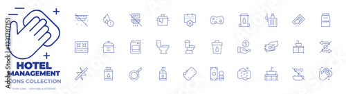 Hotel Management icons collection. Thin Line icons, editable stroke. dawn soap, soft sponge, toilet, electric outage in apt, burner, pot, pan, fine, propane tank, dispose of cooking oil