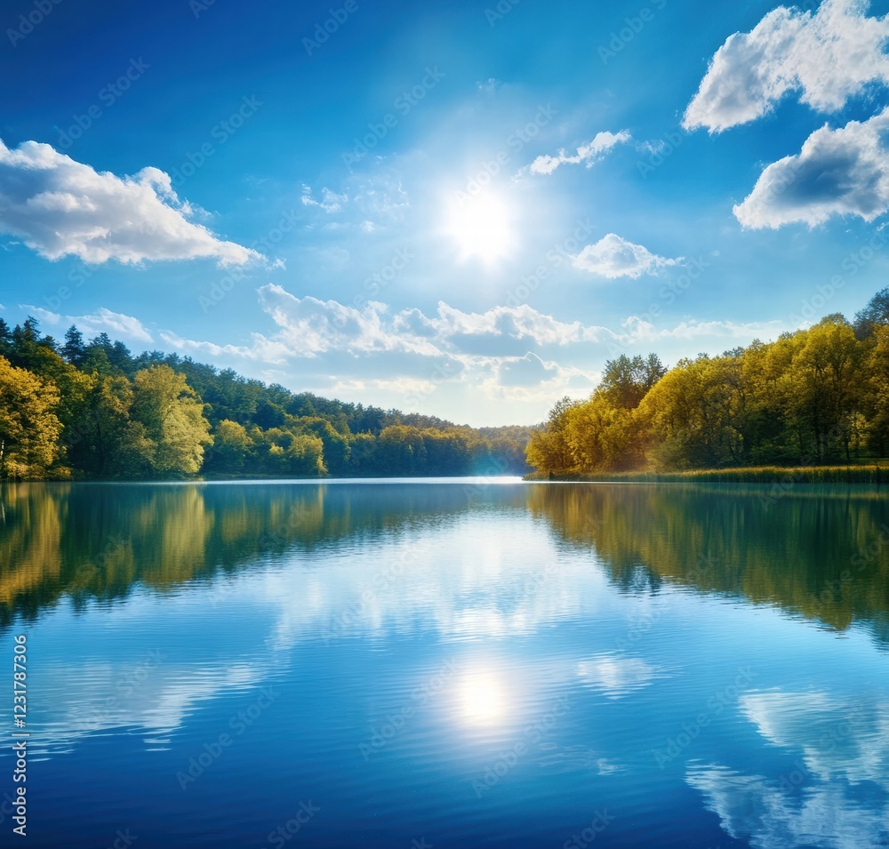 A beautiful lake with a bright sun shining on it A beautiful lake with a bright sun shining on it