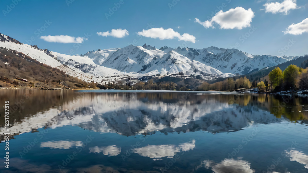 Breathtaking views of a crystal clear lake in the mountains reflecting the snow-capped peaks. Quiet surface of the water Breathtaking views of a crystal clear lake in the mountains reflecting the snow-capped peaks. Quiet surface of the water